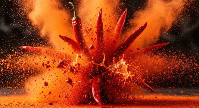 An eye-level shot captures vibrant red chili peppers seemingly exploding outwards amidst a cloud of reddish-orange powder, creating a dramatic and dynamic composition with a dark background and...