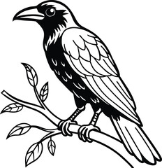 Obraz premium Detailed black and white drawing of a crow bird perched on a tree branch isolated on white background isolated on transparent background