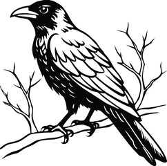 Obraz premium Detailed black and white drawing of a crow bird perched on a tree branch isolated on white background isolated on transparent background