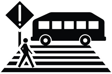 Black and White of Pedestrian Crossing with Caution Sign and Passing Bus Icon