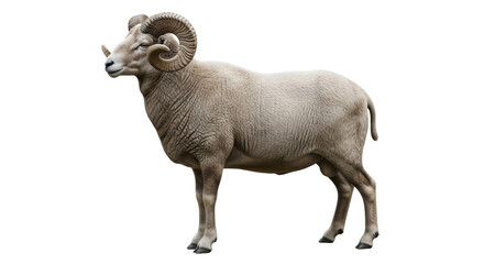 Isolated Ram on plain background, bighorn sheep, animal close up profile, ungulate mammal