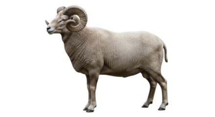 Isolated Ram on plain background, bighorn sheep, animal close up profile, ungulate mammal