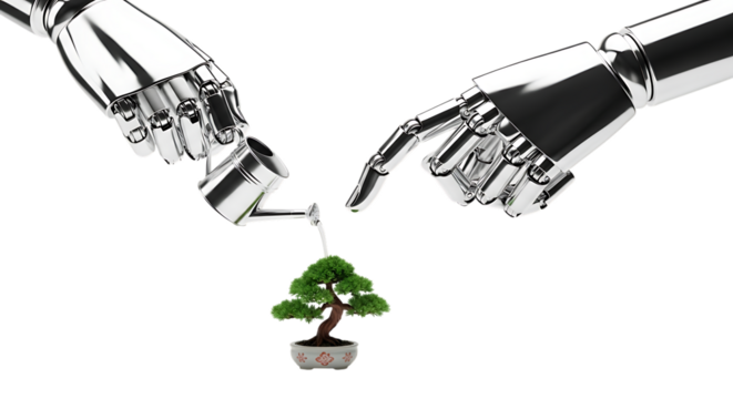 Robotic hands nurturing bonsai tree with watering can artificial intelligence and nature concept image