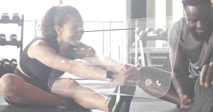 Fitness client stretching leg with male trainer guiding form as calendar overlay confirming booking