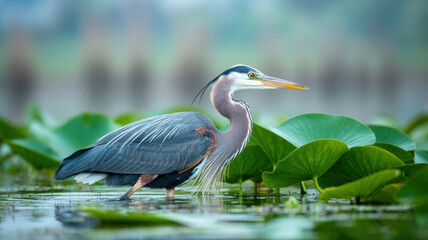 Fototapeta premium Great blue heron standing in wetland among green lily pads