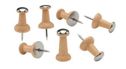 Isolated push pins, tacks, drawing pins made of wood and metal material for cork board notice