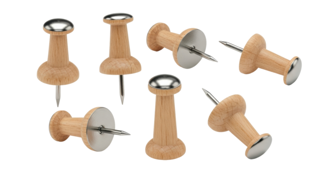 Isolated push pins, tacks, drawing pins made of wood and metal material for cork board notice