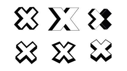 Collection of angled 3D X icons and cross symbols in multiple styles, vector set