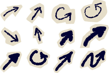 Hand drawn arrows, sketch style vector set with unique shapes on paper cutouts, great for creative designs. Dark ink illustrations offer versatile pointers, perfect for artistic projects or layouts.