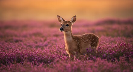 Young Deer Fawn Standing in Pink Flower Field During Sunset