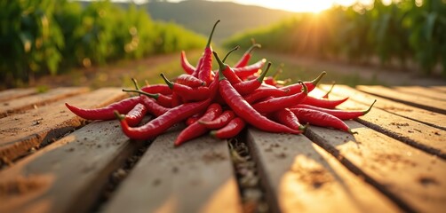 Red chili peppers pile on rustic wooden planks in a farm setting. Fresh hot chilies harvested from green chili field. Golden sunset light illuminates spicey veggies grown on fertile rural land.