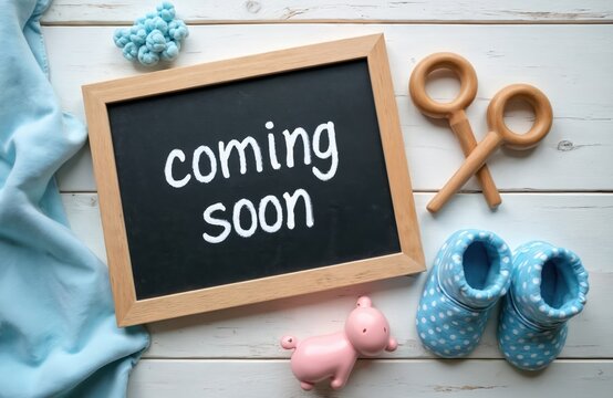 Baby announcement with Coming Soon message on chalkboard. Includes baby booties, wooden toys and pink piglet on white wood surface. New life preparation for arrival.