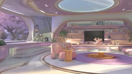 Futuristic interior design with curved sofa and large window view