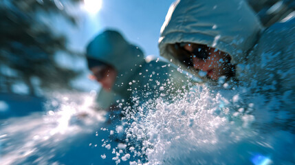 Grandfather and grandson playing with snow outdoors on a cold winter day