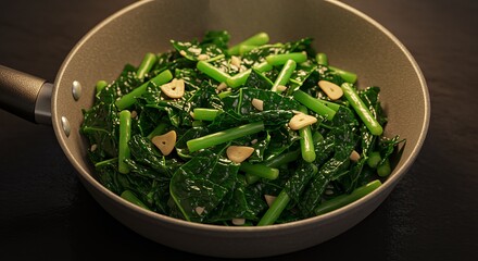Fototapeta premium Deliciously Saut,ed Kale and Garlic in a Pan Ready to Serve Meal