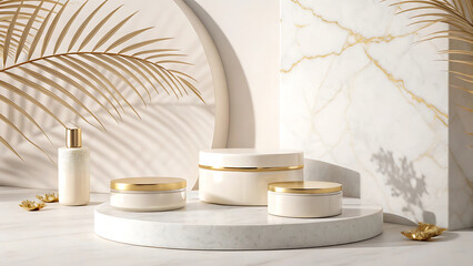 Elegant Cosmetic Display A Luxurious Marble Stage for Skincare Products with Golden Accents