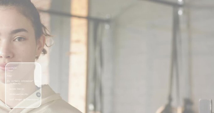 Woman facing camera viewing translucent UI panels fading demonstrating HTML CSS resume code