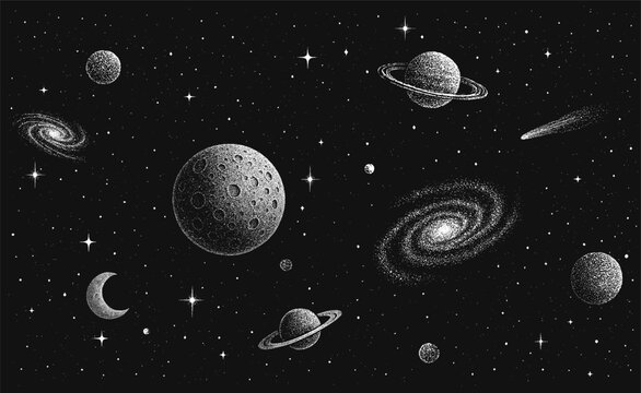 Black and white dotwork illustration set of cosmic objects - planets, galaxies, comet, moon, and stars. Hand-drawn stippling style astronomical artwork in monochrome