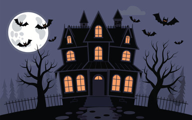 Spooky haunted house with bats and full moon halloween