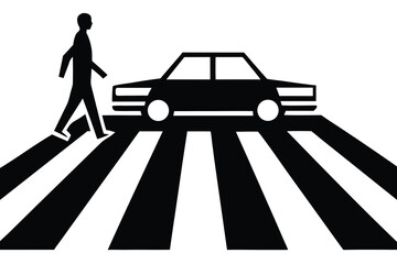 Black and White Person Crossing Zebra Stripes with Car Overlapping in the Background