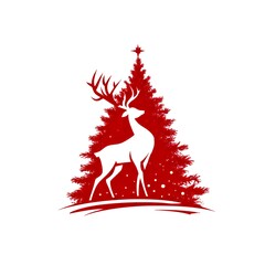 Reindeer standing beside a festive Christmas tree with snowflakes in a cheerful holiday design - High Contrast