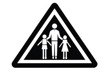 Black and White Road Sign Illustrating a Man and Two Children Crossing the Street