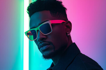 Fashionable Young Guy in Retro Shades with Pink and Blue Lighting
