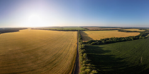 Summer agriculture fields in rural Ukraine, aerial wide view of fertile countryside with natural patterns
