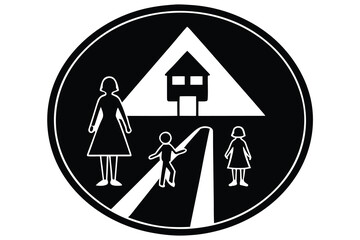 Black and White Roundel Depicting People Crossing Street Toward House Illustration Symbol