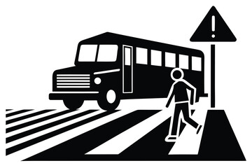 Black and White School Bus with Pedestrian Crossing Road Under Attention Sign Illustration