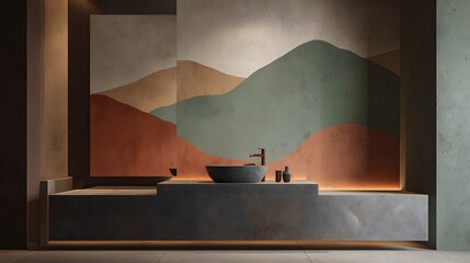 The interior design showcases a modern bathroom featuring a minimalist concrete sink, elegant faucet, and decorative ceramic items, and the mural painting showcases an abstract landscape scene in...