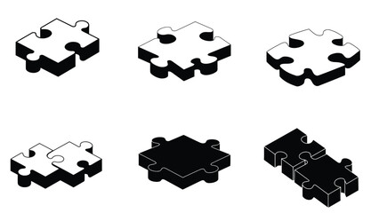 Collection of 3D angled black and white puzzle pieces silhouette vector icons isolated on white_New 3D Style Vector Illustration	