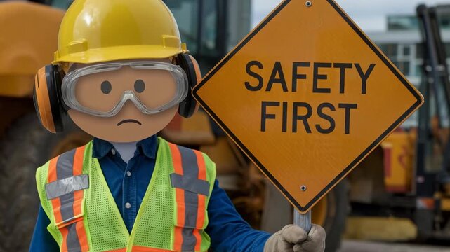 Construction worker holding a safety first sign