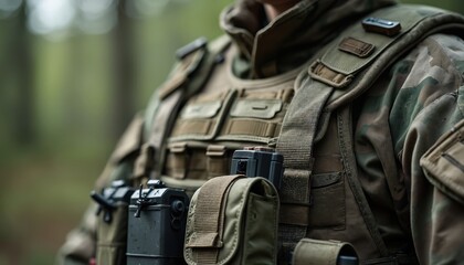 Soldier wearing camouflage uniform and tactical vest with utility pouches. Military person with gun and equipment in forest. Man in army clothes with weapon.