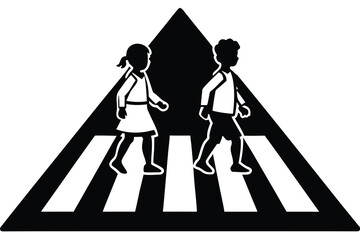 Black and White School Crossing Sign with Children Silhouette Illustration Safety Awareness