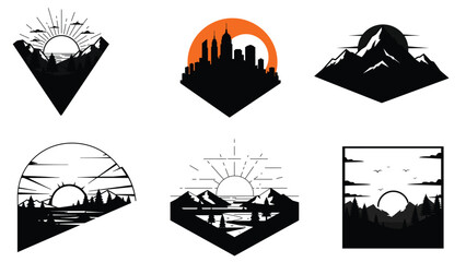 Set of travel and nature landscape badges with mountains, forests, sunsets, and skyline in silhouette style_New 3D Style Vector Illustration	