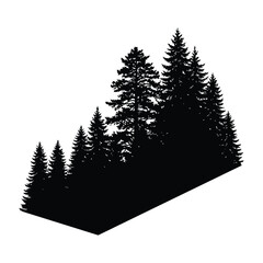 Black and White Forest Silhouette Scene Featuring Pine Trees and Conifer Woodland on an Angled Base – Natural Landscape Vector Illustration