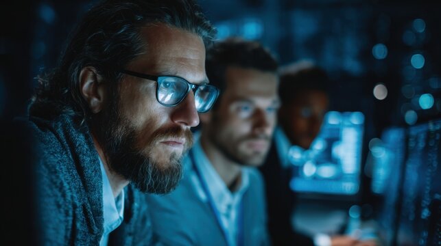 Male IT professionals, focused on computer screens in a dark office, analyzing data and collaborating on projects, showcasing teamwork and technology in a modern workspace - Powered by Adobe