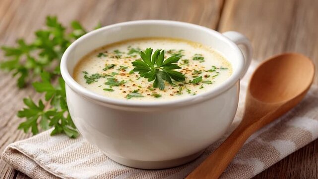 Creamy Soup Delight: A close-up captures the serene essence of a creamy soup, artistically adorned with fresh parsley and seasonings, inviting culinary exploration and comfort. 