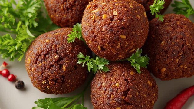 Crispy Falafel Delight: A close-up shot of golden, crispy falafel balls. The texture and warmth of the food is enhanced by vibrant green parsley.