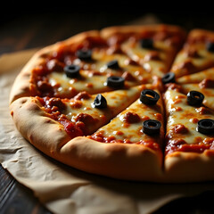 Artistic Close-up of a Richly Topped Black Olive and Tomato Sauce Pizza on Parchment Paper Gourmet Supreme Pizza Slice with Melted Mozzarella on Rustic Dark Wood Background