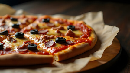 Artisanal Supreme Pizza Slice Rich, Melting Cheese and Meaty Toppings on Parchment Paper Gourmet Closeup Rustic Wood and Parchment Framing a Perfectly Baked Pizza with Olives and Sausage