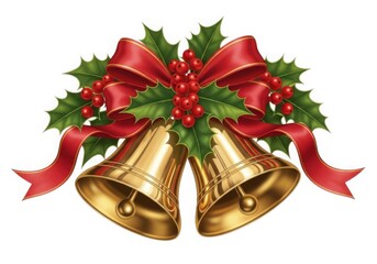 Festive golden christmas bells with red ribbon and holly berries isolated on white background
