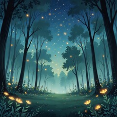  A quiet forest clearing under a sky full of twinkling stars, tall trees swaying gently in the night breeze. Fireflies glow softly among the leaves. night landscape with trees. 