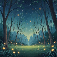  A quiet forest clearing under a sky full of twinkling stars, tall trees swaying gently in the night breeze. Fireflies glow softly among the leaves. night landscape with trees. 