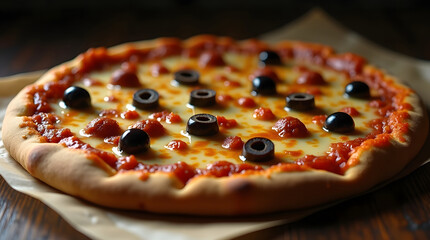 Golden Cheese and Black Olive Pizza Rustic Close-up on Parchment with Dramatic Lighting Classic Margherita-Style Pizza with Olives Warm, Bubbly Mozzarella and Rich Tomato Sauce