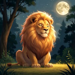  A gentle lion sitting calmly in the clearing, humming softly instead of roaring. His eyes look kind and peaceful, with moonlight shining on his mane. lion in the woods.