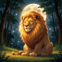  A gentle lion sitting calmly in the clearing, humming softly instead of roaring. His eyes look kind and peaceful, with moonlight shining on his mane. lion in the woods.