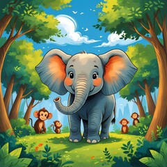 A large elephant lifting her trunk like a trumpet, blowing a warm, low note. Other animals peek from behind trees, listening curiously. elephants in the jungle.