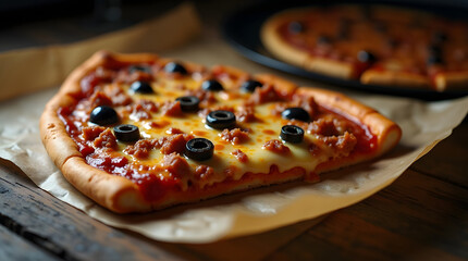 Golden-Crusted Supreme Pizza Slice Melting Cheese, Rich Sauce, and Meaty Olives on Dark Wood Gourmet Closeup Single Serving of Sausage and Black Olive Pizza on Parchment Paper